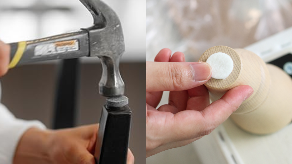 Placing furniture pads under the legs of chairs for avoiding hardwood floor scratches and dents