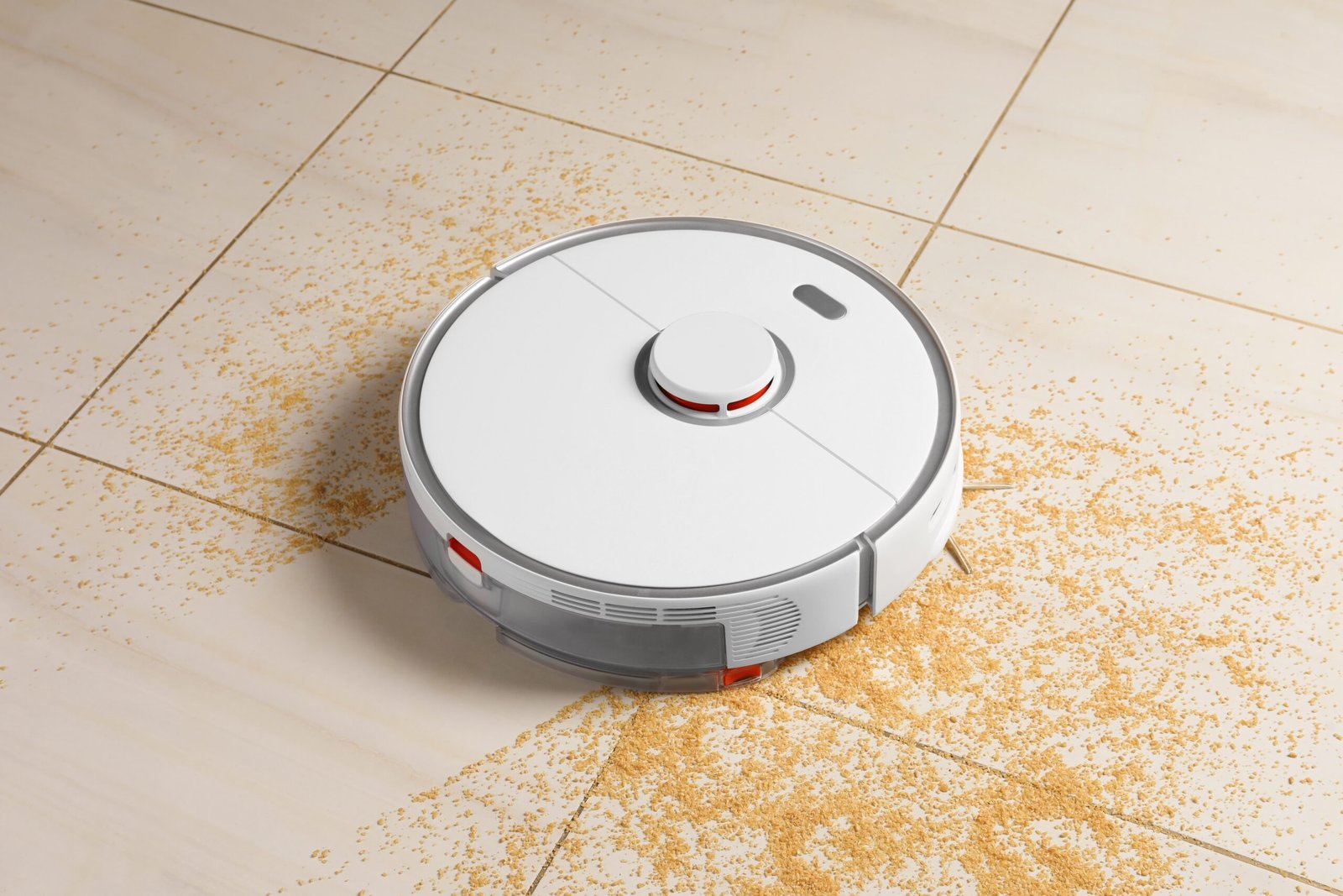 A white robot vacuum with mop function cleaning scattered debris on a tiled floor.