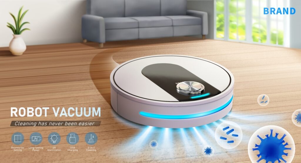 A modern robot vacuum cleaner with a mop function, emitting blue LED lights, operating on a hardwood floor. Features like "Boundaries Setting," "Long-lasting Power," "UV Sterilization," "USB Charging," and "2-in-1 Cleaning" are highlighted in icons below the vacuum.